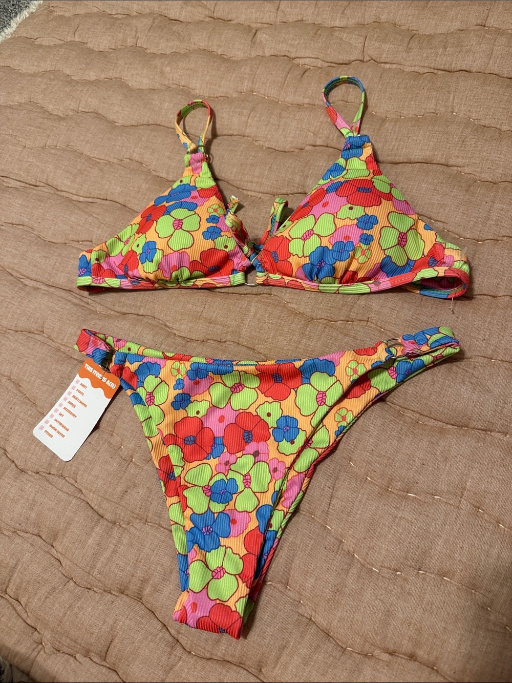 Colorful Floral Ribbed Bikini Set